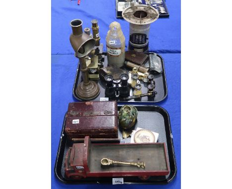 A 19th century student's lamp, various pairs of opera glasses, a maroon leather jewellery box, a scratch-built wooden model l