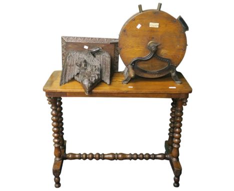 A lot comprising a late 19th century oak wall shelf carved in the form of an eagle, a John Finlay &amp; Co Ltd hand cranked k