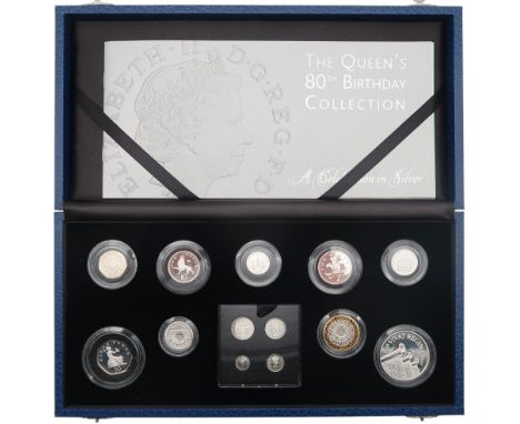 Royal Mint, "The Queen`s 80th Birthday Collection, A Celebration in Silver" Proof Set, 2006,&nbsp;comprising 13 sterling silv