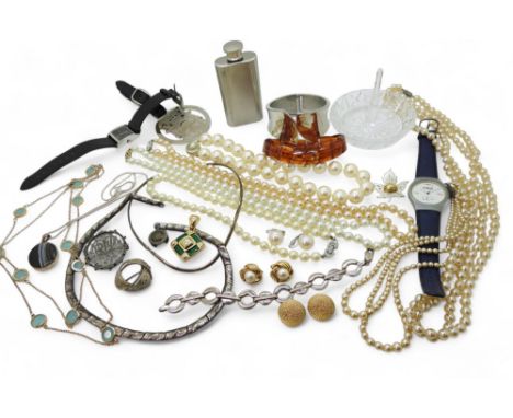 A collection of silver and costume jewellery to include A torc style necklace, heavy silver panel necklace, silver circles br