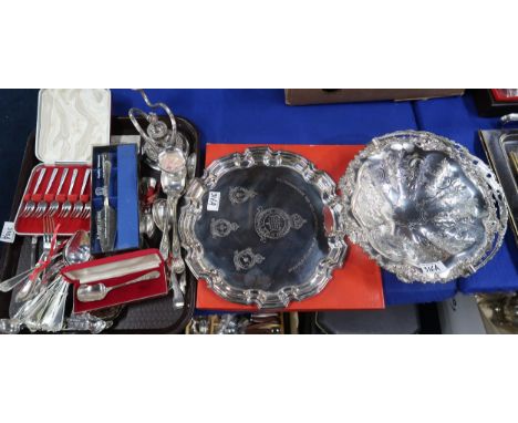 An EPNS salver commemorating the 40th Anniversary of the Battle of Britain, a swing handled basket, a candelabra, loose cutle