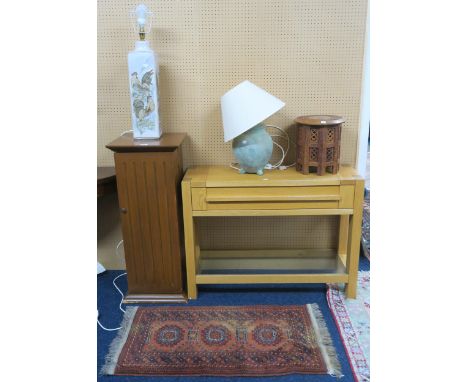 A lot comprising a contemporary single drawer hall table, CD cabinet, small Moorish style occasional table, two assorted tabl
