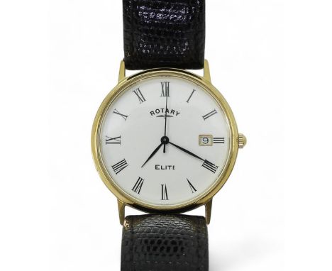 A gents 9ct gold Rotary Elite in original box with papers, weight with strap and mechanism 30.6gms Condition Report:Available