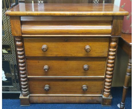 A late Victorian mahogany Ogee chest with long Ogee frieze drawer over three long drawers flanked by barley twist columns on 