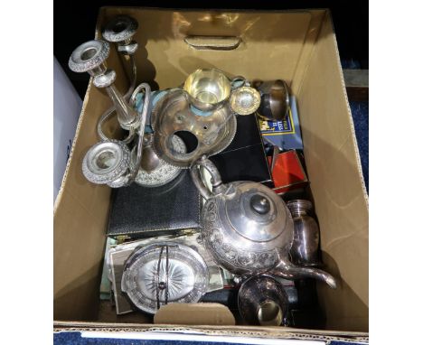 A collection of EPNS including a candelabra, teapots, cased cutlery, loose cutlery, casters etc Condition Report:Available up