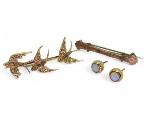 A yellow metal rose cut diamond swallow brooch (af) a pair of 9ct gold opal studs and a 9ct brooch, weight all together 7.1gm