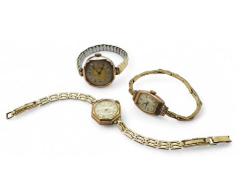 A 9ct gold ladies Rotary watch and strap, weight including mechanism 10gms with two 9ct gold cased ladies watches with gold p
