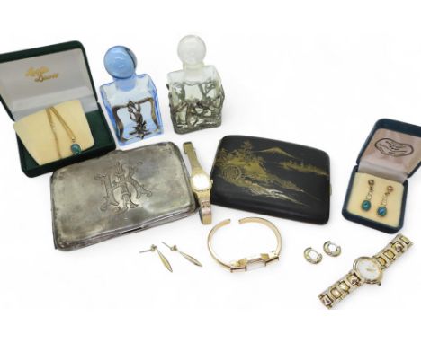 A silver gilt two door cigarette case, together with a Japanese Damascene style example a small collection of jewellery some 