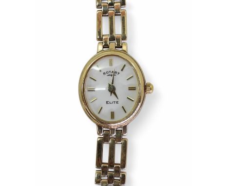 A 9ct gold ladies Rotary Elite wrist watch,Length as is 15cm,&nbsp; (with extra links) weight including mechanism 17.5gms Con