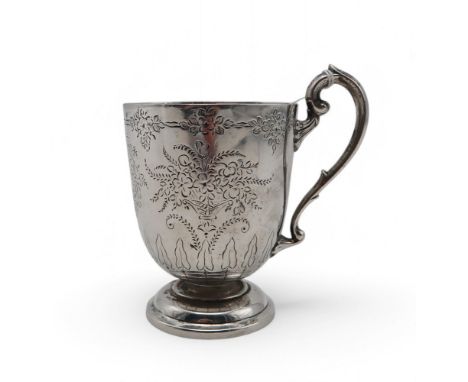A Victorian silver christening mug, by Barnard Brothers, London 1892, engraved with scrolling foliate decoration, bands of la