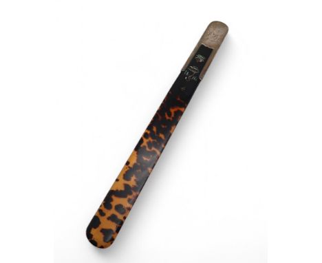 A mother of pearl inlaid silver mounted tortoiseshell page turner, Birmingham 1912, engraved 'Christmas 1907' 43cm Condition 