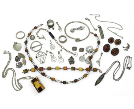 A collection of silver and costume jewellery to include items made by John Hart, Ola Gorie and a Shetland silver Three Nornes