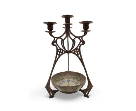 An Art Nouveau style candelabra with ceramic dish base Condition Report:Available upon request