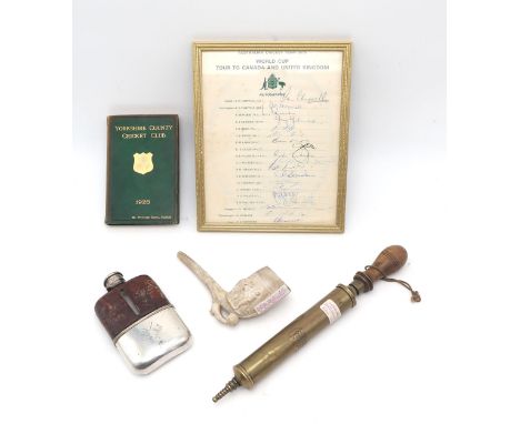Mixed sporting collectables, to include hipflask with hallmarked silver cap, with golfing presentation inscription to James H