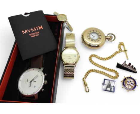 A gold plated Waltham half hunter pocket watch, a Sekonda watch, a ladies Lorus and a further fashion watch, Two nautical the