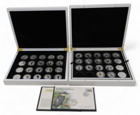 Kookaburra 1 oz silver coins (59) with two Kookaburra collector's cases approximate weight 1600 grams Condition Report:Availa