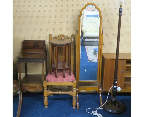 A mixed lot to include a mahogany pot stand, stationary stand, oak hall chair, octagonal occasional table, mahogany standard 