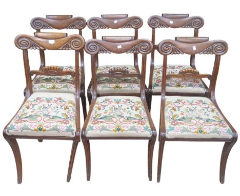 A set of six 19th century ash framed sabre legged dining chairs with tapestry upholstered seats, 88cm high (6) Condition Repo