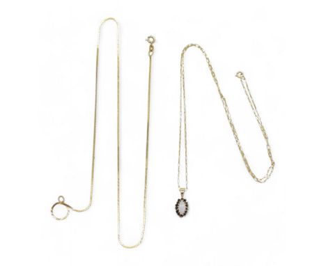 A 9ct gold opal and sapphire pendant (one sapphire missing) on a 50cm 9ct chain, together with a 9ct 44cm snake chain, weight