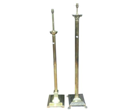 A lot comprising a 20th century brass Corinthian column style standard lamp on square base with paw feet, 156cm high and anot