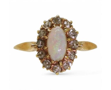A bright yellow metal opal and diamond cluster ring, size K1/2 (af) weight 2.2gms Condition Report:Available upon request