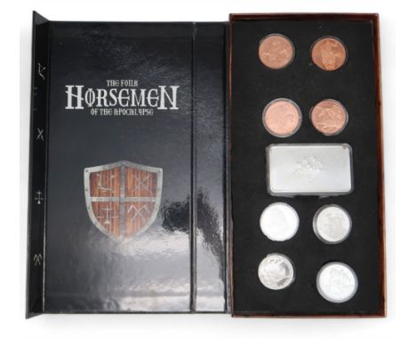 The Four Horsemen Of The Apocalypse 10 ounce silver ingot together with four 1oz silver coins and four others, boxed Conditio
