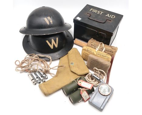 Two WW2 Air Raid Warden's Brodie helmets, a webbing holster and assorted military field and medical kit (inc. a WW2-period Fi