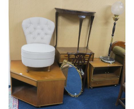 A large mixed lot consisting contemporary TV unit, upholstered bedroom chair, demi lune occasional table, two drawer canteen,