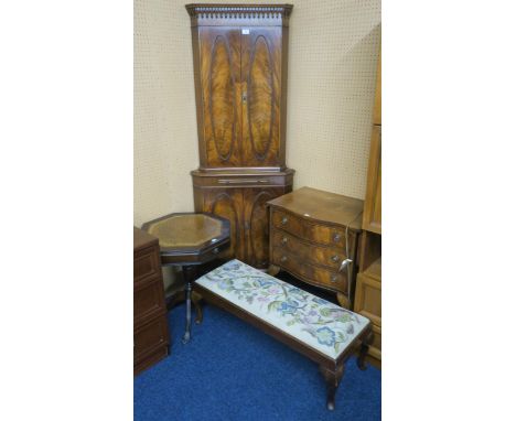 A lot comprising a 20th century mahogany corner cabinet, three drawer drop side chest, octagonal topped single drawer side ta