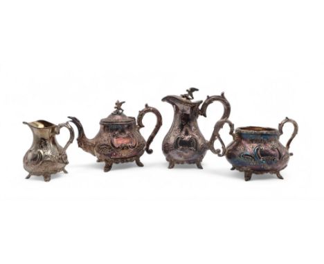 An EPBM four piece tea service, of baluster form, with scrolling foliate decoration, with eagle finials (4) Condition Report: