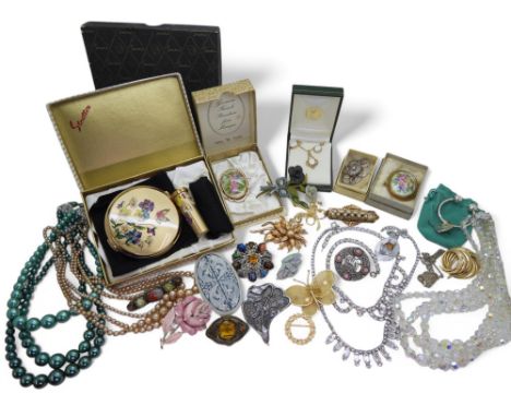A Stratton gift box of butterfly compact and lipstick set, in unused condition, Thomas Mott Limoges plaque brooch in original