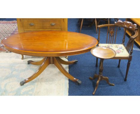 A lot comprising a 20th century mahogany oval coffee table, mahogany circular top wine table and a mahogany framed tapestry u