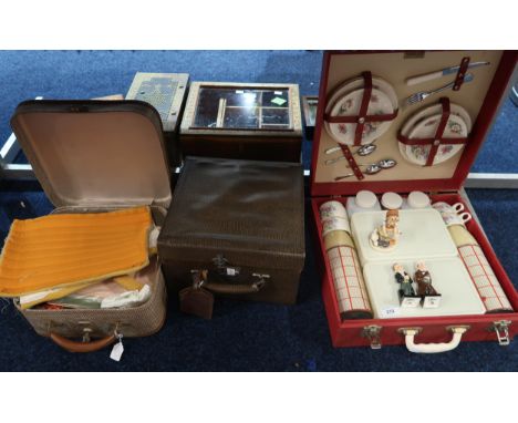 A Copland and Lye square travel case, Brexton picnic set, two Royal Doulton Dickens figures, a Hummel figure etc Condition Re