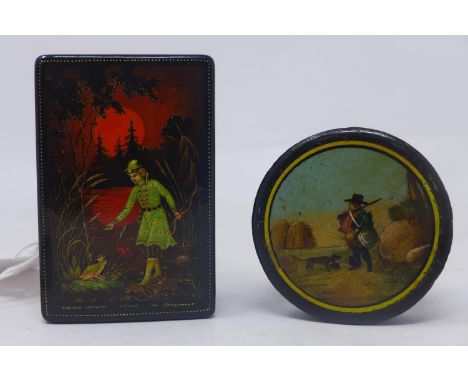 A 20th century Russian lacquer box, hand painted with the Princess and the frog, with Cyrillic inscription and signature to l