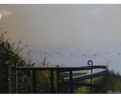 Jan Wild, A gilt-framed and glazed watercolour of a view of the sea with foliage and gate to foreground, signed bottom right,