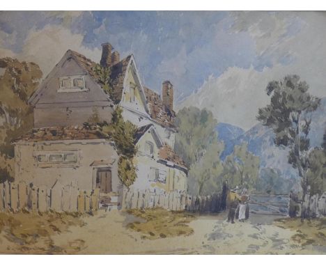 A framed 19th century watercolour of a country cottage with couple by gate, unsigned, unglazed, 25 x 34cm 