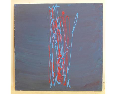 A contemporary abstract oil on canvas in light blue and red on a dark blue ground, signed lower right, 76 x 76cm 