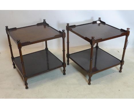 A pair of Georgian style mahogany 2 tier lamp tables, with leather tops, H.54 W.47 D.47cm 