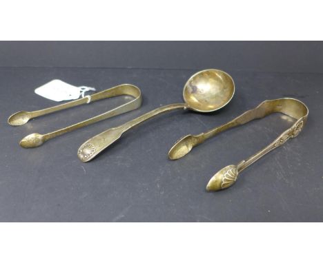 Two pairs of silver sugar tongs and a silver ladle, all hallmarked, gross weight 6.1 troy oz 