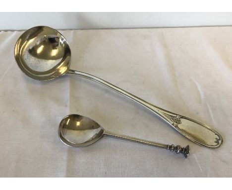 An Art Nouveau silver plated soup ladle and spoon. The spoon is a copy of an Elizabethan example c.1593. 