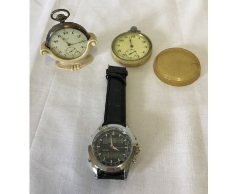 2 vintage pocket watches together with an LCD digital watch, and a Smith's early plastic watch stand  