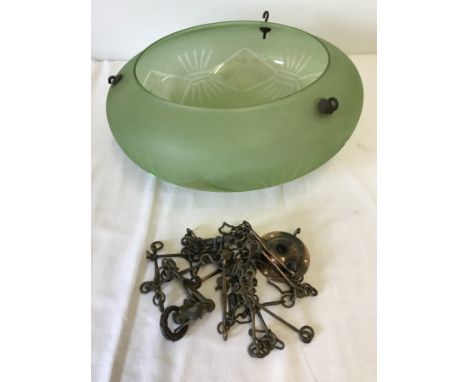 A vintage green glass Art Deco Flycatcher ceiling light. With chains and ceiling attachment. 