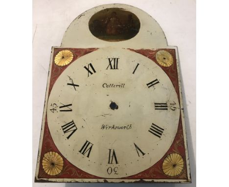 An antique enamel long case clock dial. Named Cotterill of Wirksworth. Roman numerals with Arabic numerals at quarter hours. 