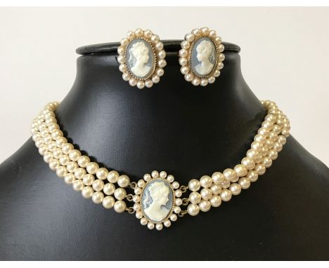 A set of vintage Lotus simulated pearl jewellery. A choker design necklace and matching earrings with blue oval cameo insets.
