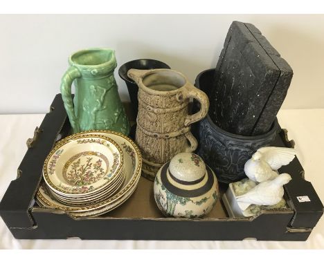 A box of large ceramic items. To include Washington Indian Tree fruit set, Wedgwood vase & Limoges plate. 