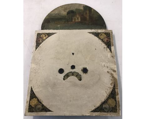 An antique enamel long case clock dial. Unnamed. Date window and painted panel to top depicting church. 