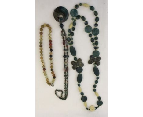 3 natural stone necklaces. Comprising an agate necklace with large disc pendant, a light green & brown agate necklace, and a 