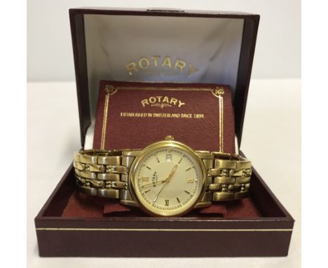 Gents Rotary gold plated wristwatch in working order. With it's original box and guarantee booklet.  It has a date window and