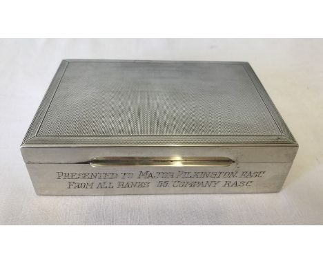 A silver lined wooden cigarette box engraved to front and presented to Major Pilkington. RASC. From all the ranks of 66. comp