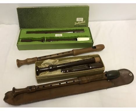3 treble / alto recorders together with a tenor recorder. To include 2 boxed Dolmetsch recorders 